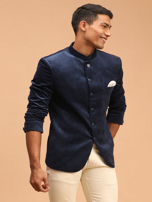 Men's Blue Polka Dot Printed Velvet Jodhpuri